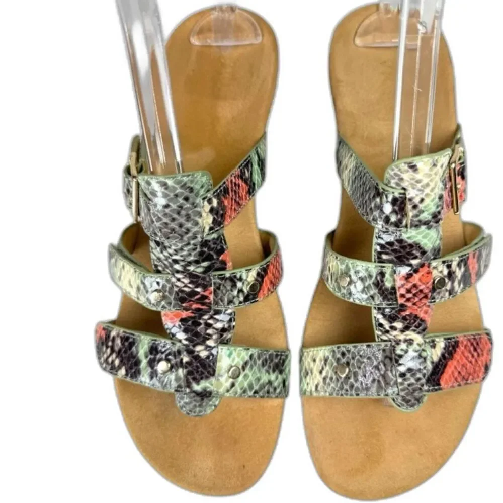 Vionic Park Radia Snake Print Wedge Sandals Green Womens Size 8 Orthotic Comfort
